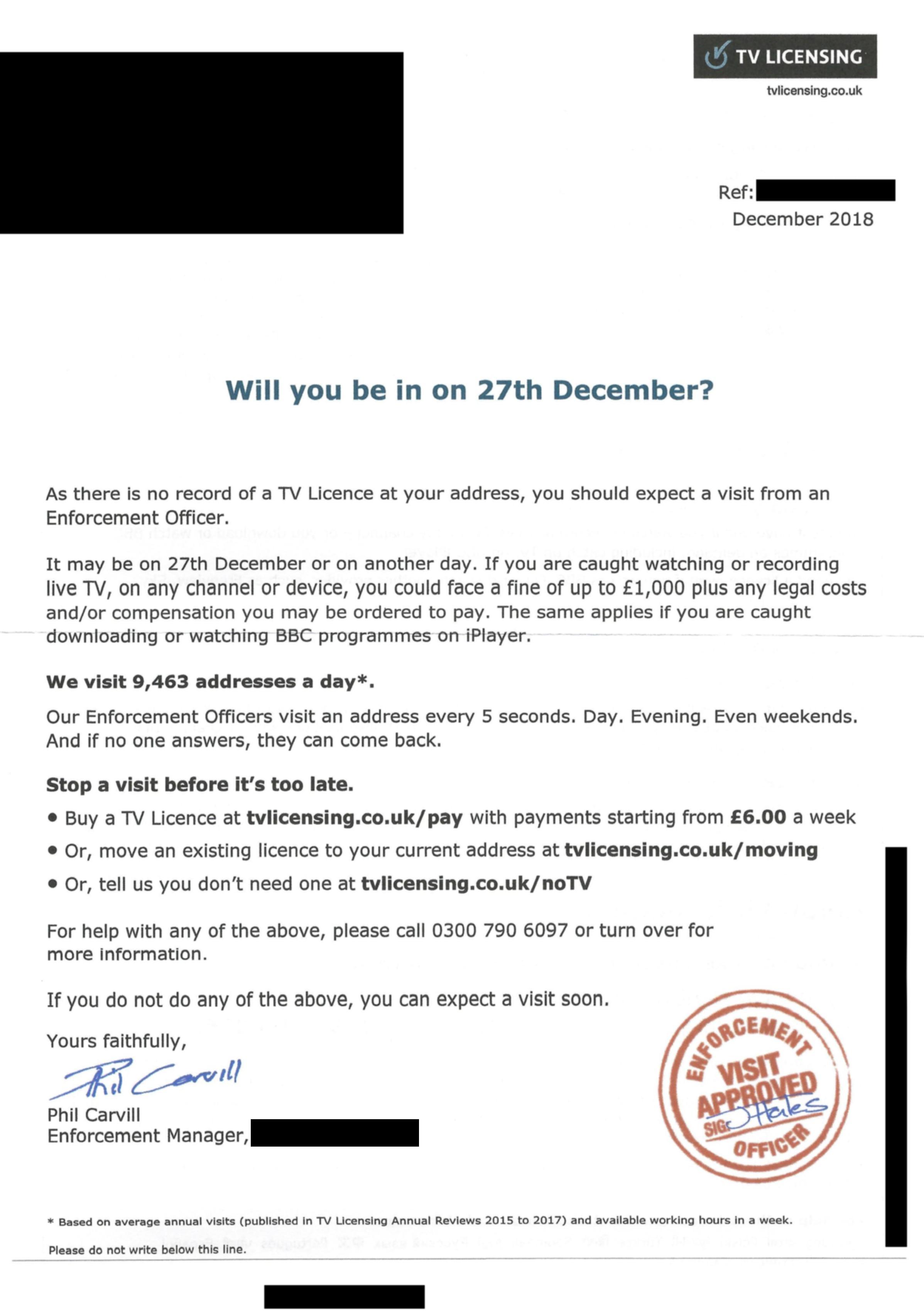 Letters from BBC Television Licensing/2018